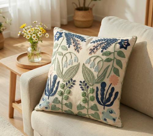 Botanical embroidered cushion - embroidered,
